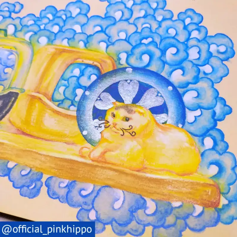 고양이,구름,한국화,동양화,색연필화