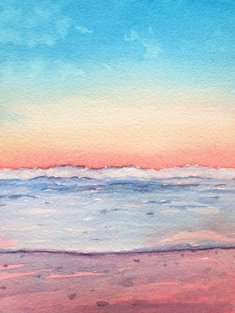 풍경수채화,풍경화,바다,파도,노을,석양,하늘