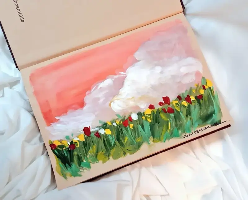 풍경화,튤립,꽃,하늘,풍경,구름