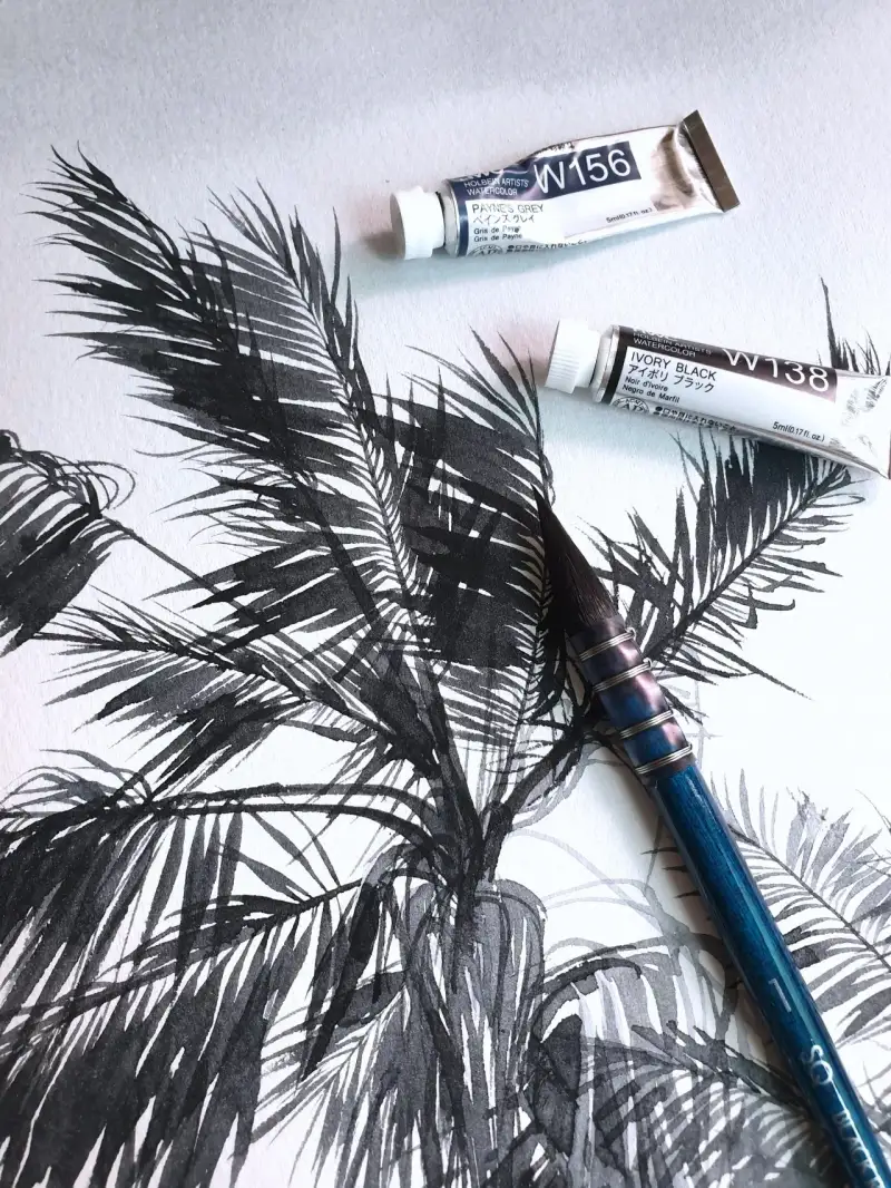 수채화,홀베인수채화,나무,야자수,잎,나뭇잎