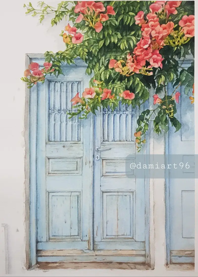 문,꽃,넝쿨,식물,풍경,풍경화