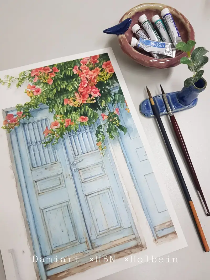 수채화붓,문,풍경화,꽃,식물