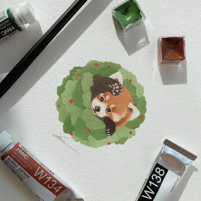 홀베인수채화,홀베인수채화물감,HWC수채화,홀베인수채화물감세트,수채화,수채화물감,랫서팬더,팬더,동물,덤불,식물