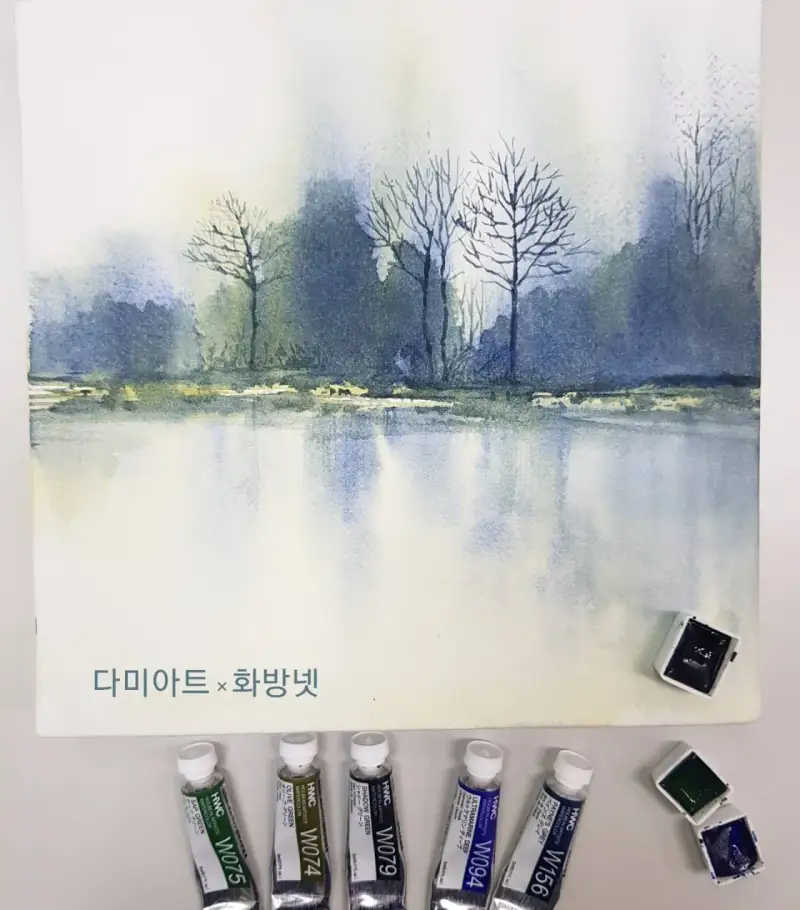 풍경화,풍경수채화,호수,강,잔잔한,물,번지는