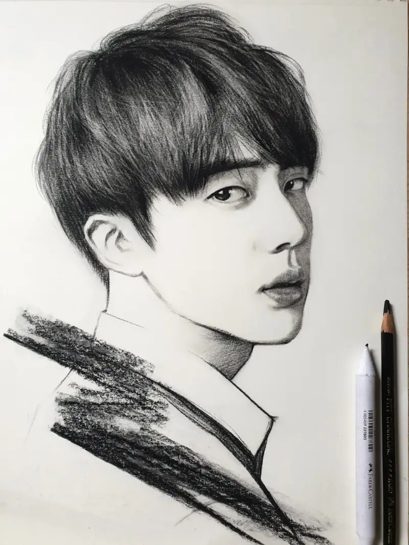 목탄,인물화,콘테,방탄,진,BTS,아이돌,얼굴,찰필
