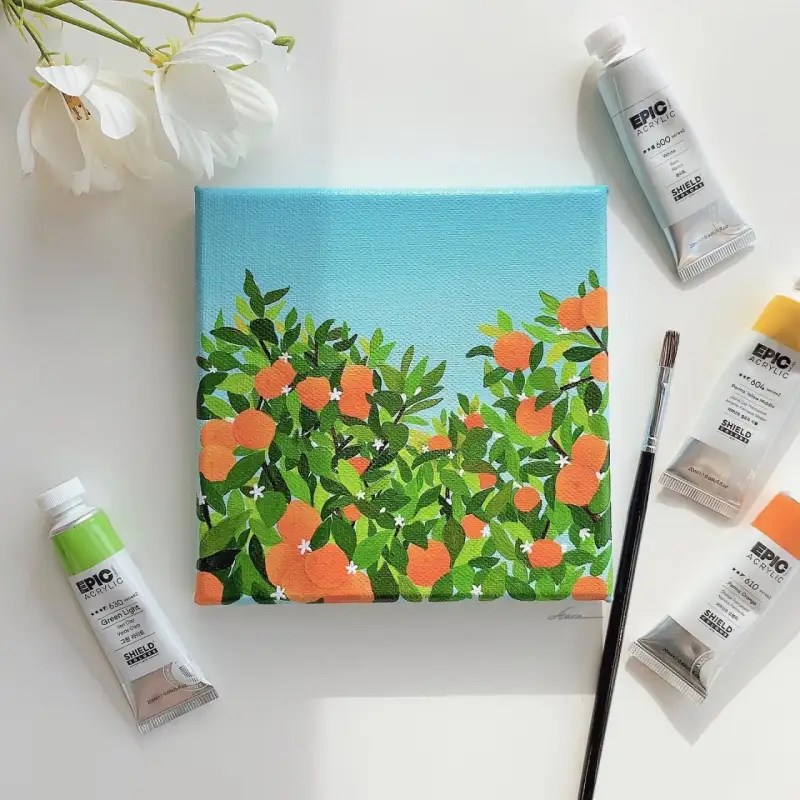 쉴드아크릴물감,쉴드에픽아크릴물감,에픽아크릴물감,쉴드에픽아크릴물감세트,아크릴화,아크릴물감,아크릴그림,오렌지나무,오렌지,과일,식물,나무,보태니컬