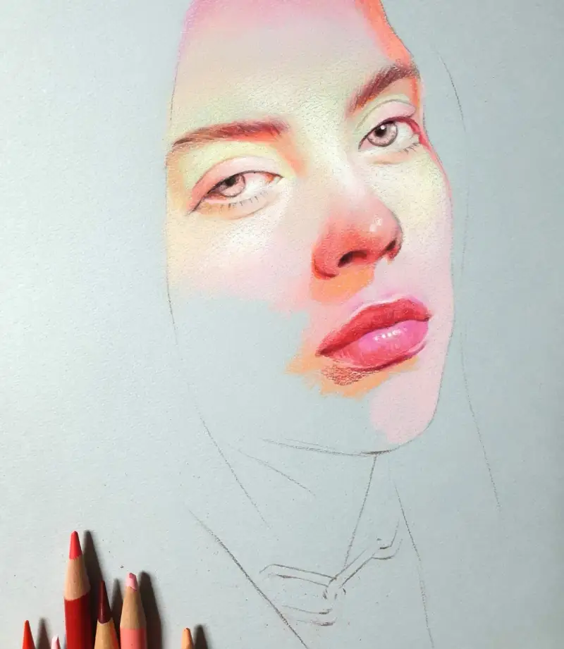 색연필,색연필화,빌리아일리시,연예인,가수,팝,인물,인물화,얼굴,묘사,초벌