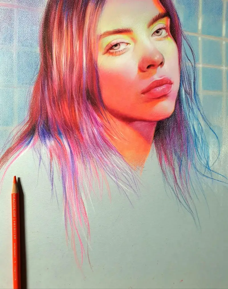 얼굴,묘사,인물화,색연필화,빌리아일리시,팝,가수