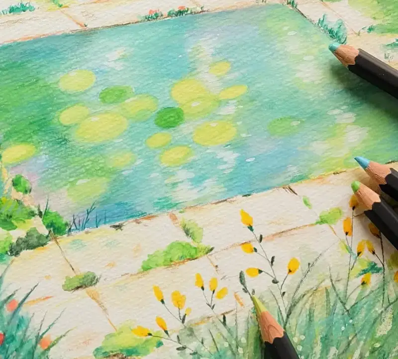 풍경화,수채화,색연필,색연필화,연못,식물,풀