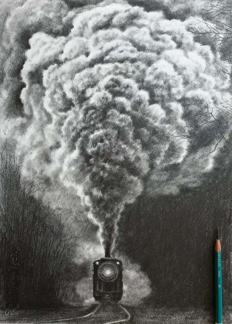 기차,연기,나무,기찻길,소묘,흑연