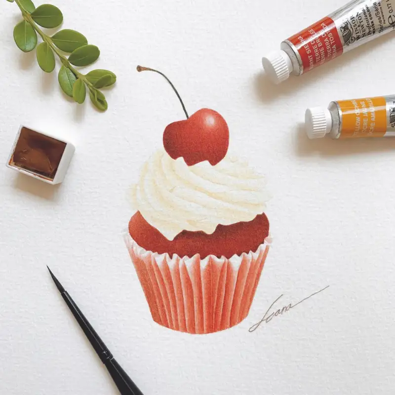 컵케이크,컵케잌,디저트,케이크,체리,수채화,수채화물감,윈저앤뉴튼,윈저앤뉴튼수채화물감,윈저앤뉴튼수채화