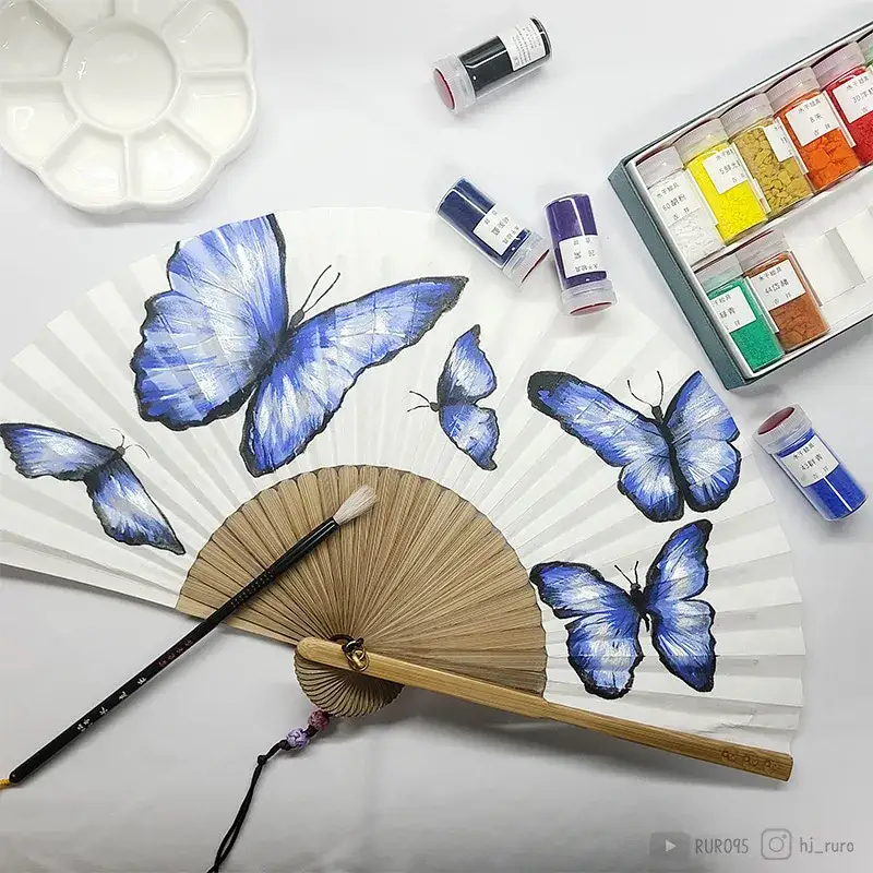 길상분채,길상,길상물감,분채물감,분채물감리뷰,나비그림,부채그림,부채,동양화부채,길상분채리뷰