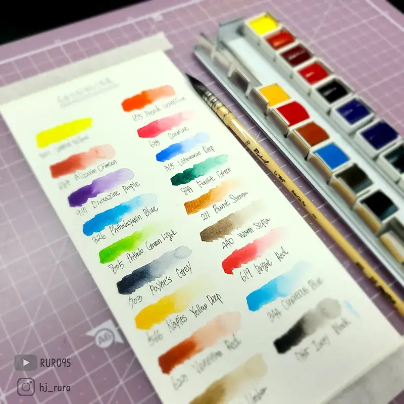 시넬리에,시넬리아수채물감,수채고체물감,고체물감메탈박스,시넬리에색비교,색상비교,고체물감비교