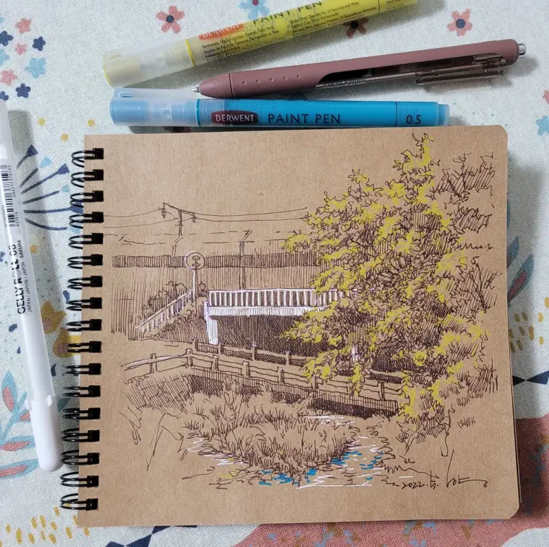 더웬트아크릴페인트펜,더웬트페인트펜,더웬트아크릴펜,풍경드로잉,풍경일러스트,사쿠라겔리롤화이트