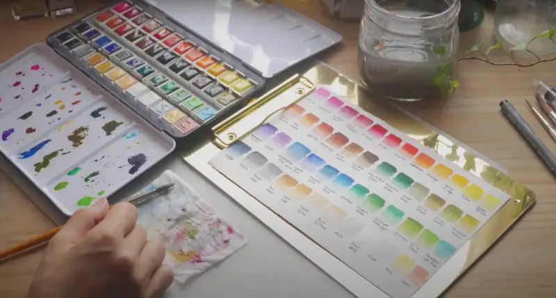 문교수채고체물감하프팬세트,문교수채화발색표