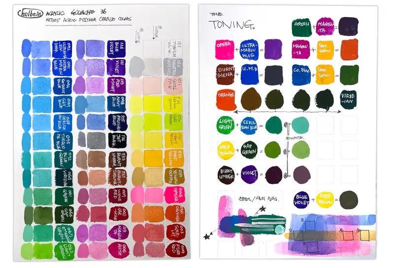 홀베인,아크릴과슈,홀베인아크릴과슈,수채화지,발색표,조색표,헤리티지
