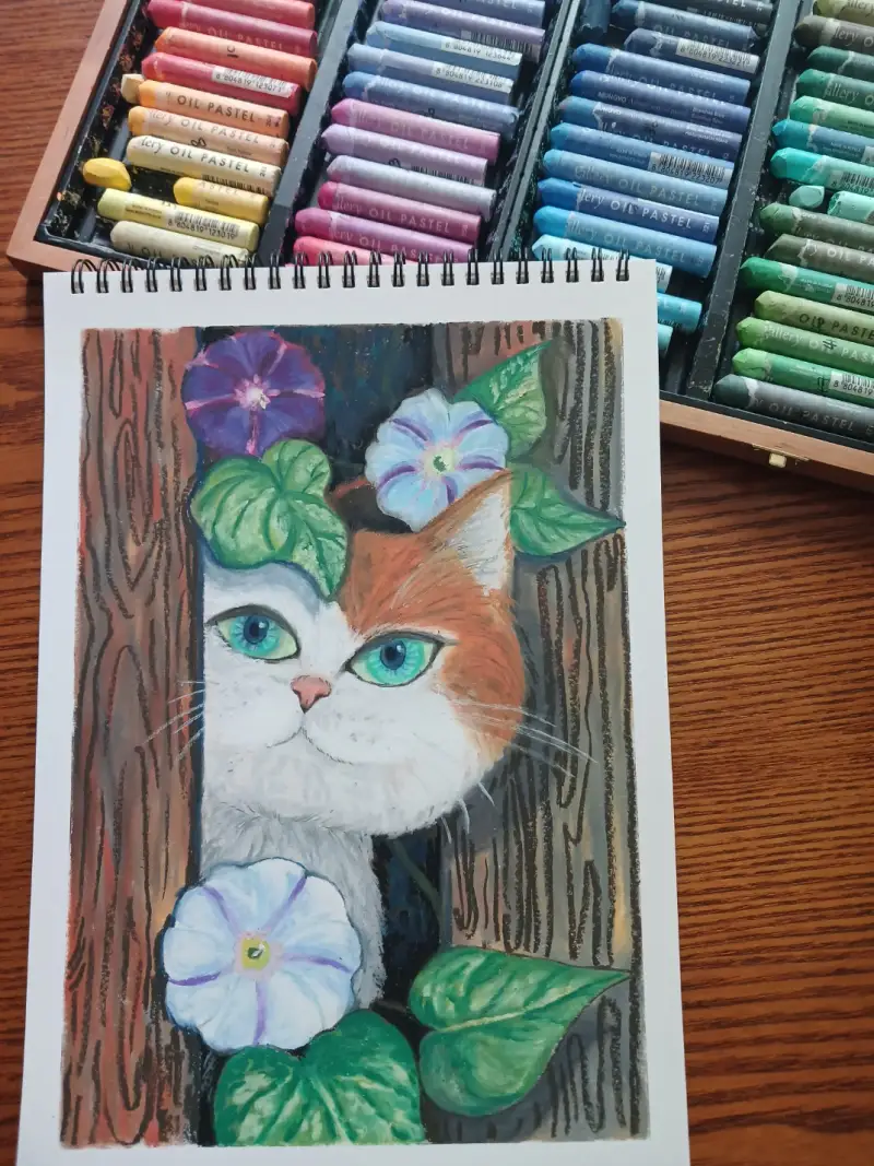 파펠시노,오일파스텔,문교오일파스텔,고양이꽃,고양이,나팔꽃,아침마중,드로잉로그,화방넷드로잉로그,그림습관