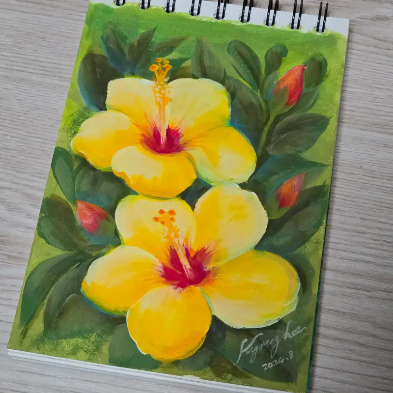 히비스커스,서양무궁화,노란꽃,아크릴과슈,조소냐,화홍붓,꽃그림,화방넷드로잉로그,드로잉로그,초록빛아트