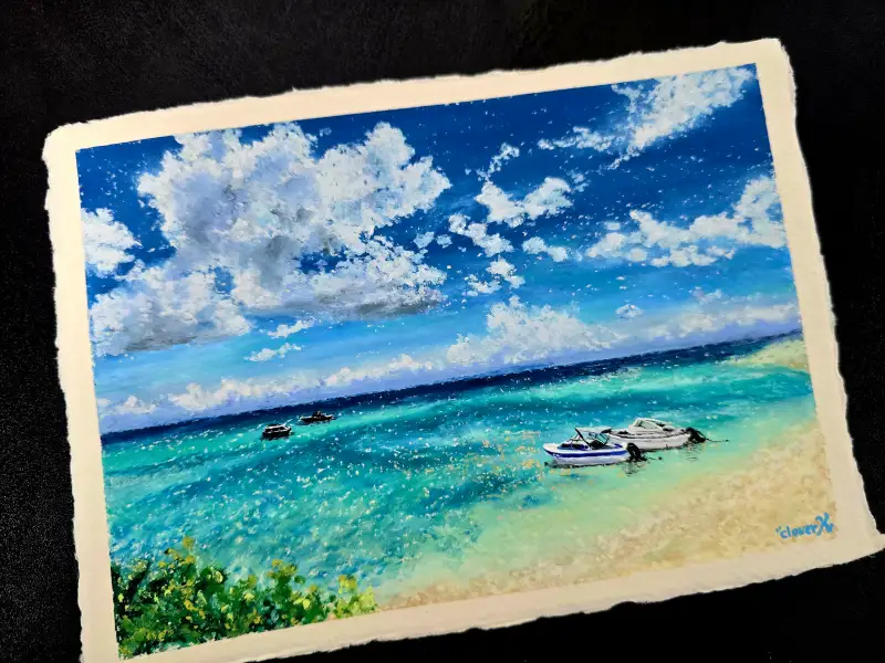 카디페이퍼,문교오일파스텔,지에소오일파스텔,아크릴물감,하늘그림,바다그림,사이판풍경,요트그림