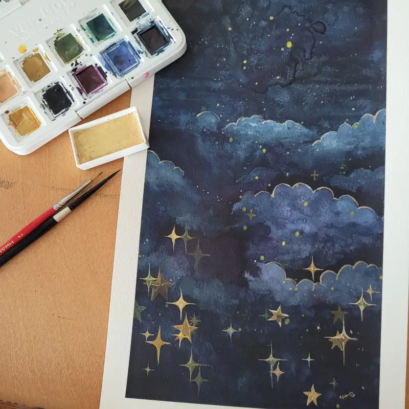 반고흐,고체물감,실버브러쉬,안채물감메탈릭,하늘