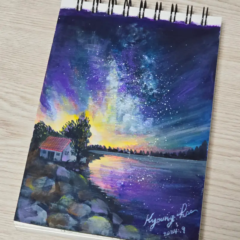 밤하늘,신비로운하늘,야경,화방넷드로잉로그,드로잉로그,조소냐,아크릴과슈,화홍붓,아크릴화,초록빛아트