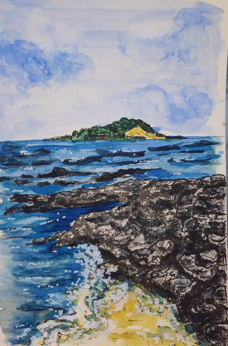 제주바다,수채물감,만년필,화이트나이츠,스테들러화이트브러쉬,스테들러화이트펜