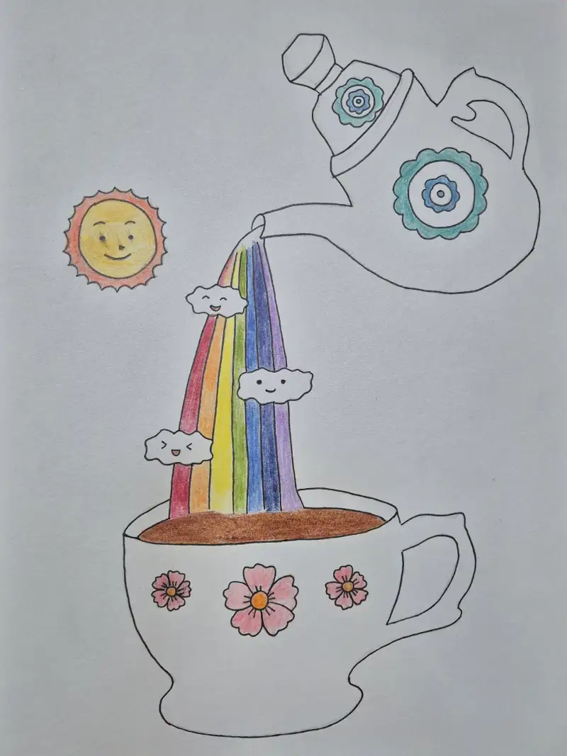 드로잉로그,화방넷드로잉로그,커피,머그컵,무지개,햇님,구름,파버카스텔,수채색연필,60색