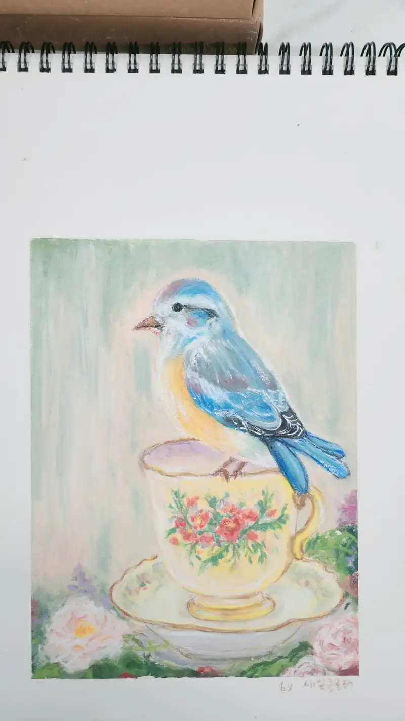 카와치빅오일파스텔,문교오일파스텔,까렌다쉬네오컬러2,일러스트,새,컵,꽃