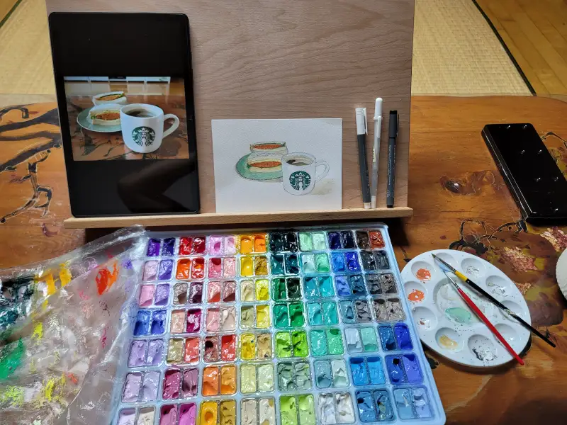 드로잉로그,펜드로잉,미야젤리과슈수채물감,컵,스테들러화이트브러쉬,사쿠라겔리롤08