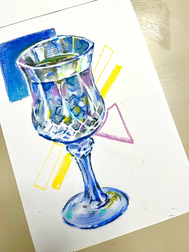 드로잉로그,오일파스텔,유리컵,컵,유리잔,까렌다쉬