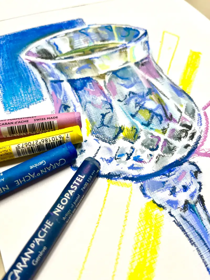 오일파스텔,까렌다쉬,유리컵,드로잉로그