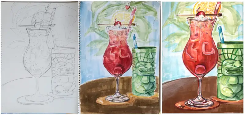 드로잉로그챌린지,드로잉로그2기,드로잉로그,컵,수채화,색연필,칵테일,펍,일러스트,과정샷,손그림