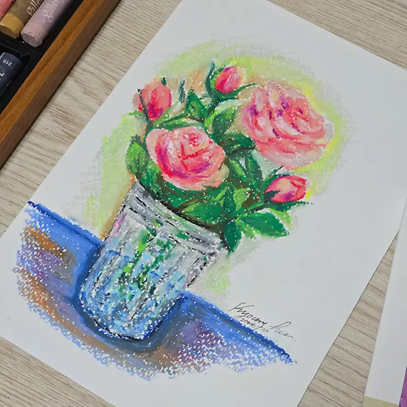 장미,유리컵,파스텔,문교파스텔,파스텔패드,드로잉로그,화방넷드로잉로그,초록빛아트