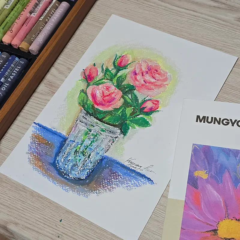 장미,유리컵,문교파스텔,파스텔패드,드로잉로그,화방넷드로잉로그,초록빛아트