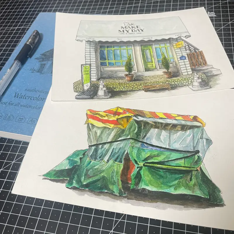 어반드로잉,수채물감,펜드로잉