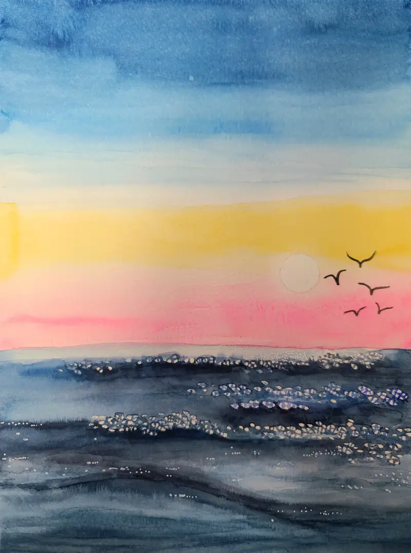 수채화,미젤로퓨어피그먼트,수채화물감,석양,바다,풍경,석양이지는바다풍경