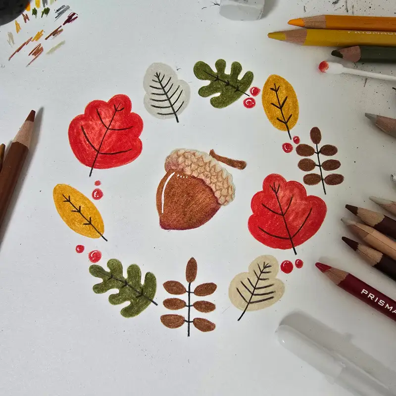 프리즈마색연필,단풍잎,도토리