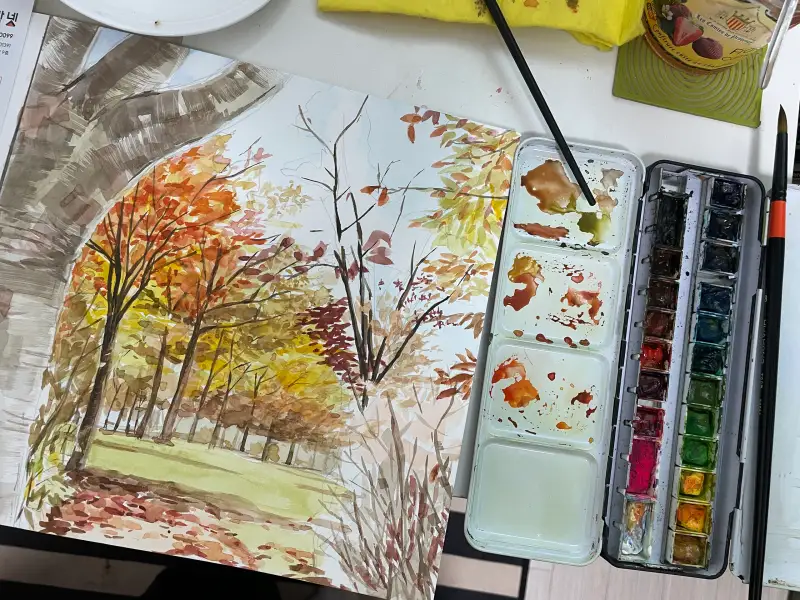 세르지오아쿠아렐수채패드,신한수채화물감,화홍700R붓,중간색칠