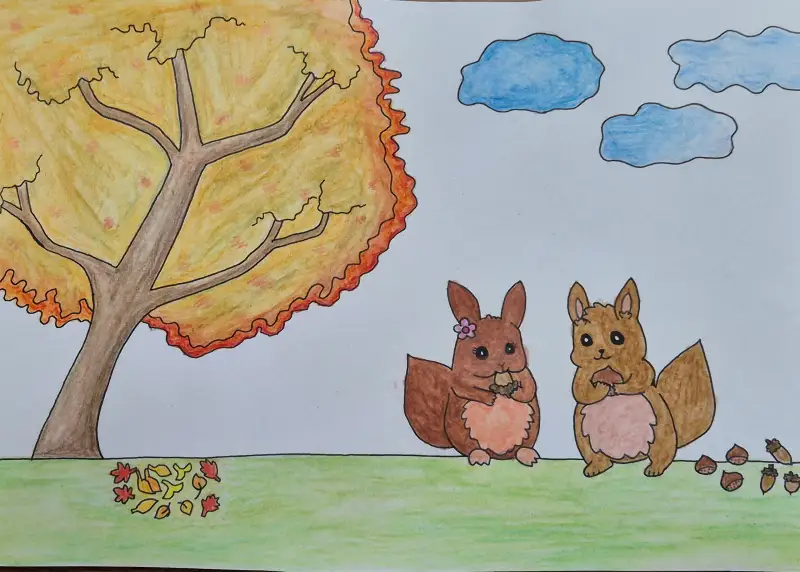 화방넷드로잉로그,가을,가을풍경,다람쥐,알밤,도토리,파버카스텔,수채,색연필