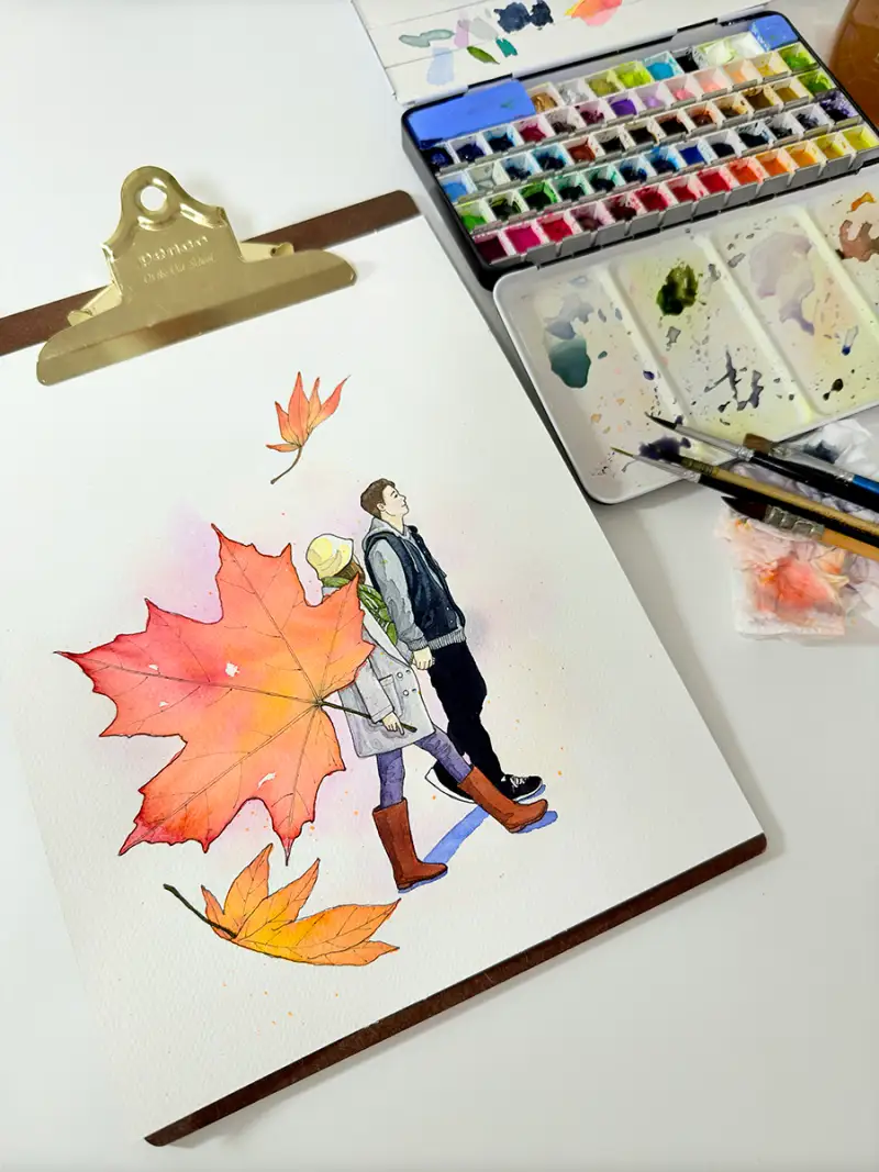 드로잉로그,가을단풍,가을을붙잡고,펜드로잉수채화,담채화,수채화,낙엽,감성일러스트,연인,인물그림