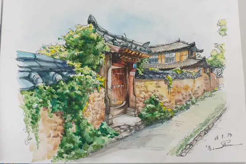 가을담장,돌담,옛골목,가을어귀,어반스케치