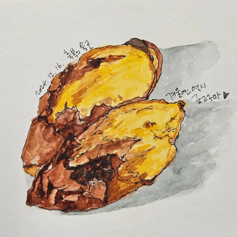 화방넷드로잉로그4기,1주차,겨울간식,군고구마,스테들러피그먼트펜,고체수채물감