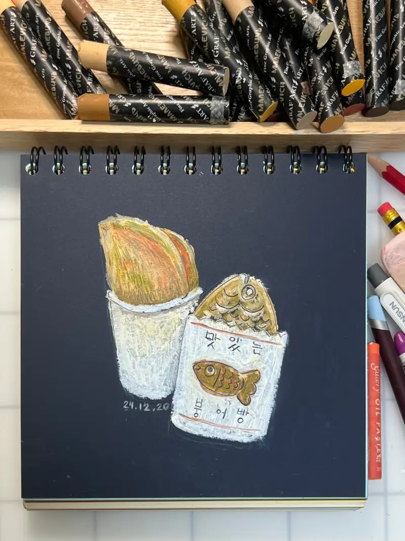 오일파스텔,호떡,붕어빵