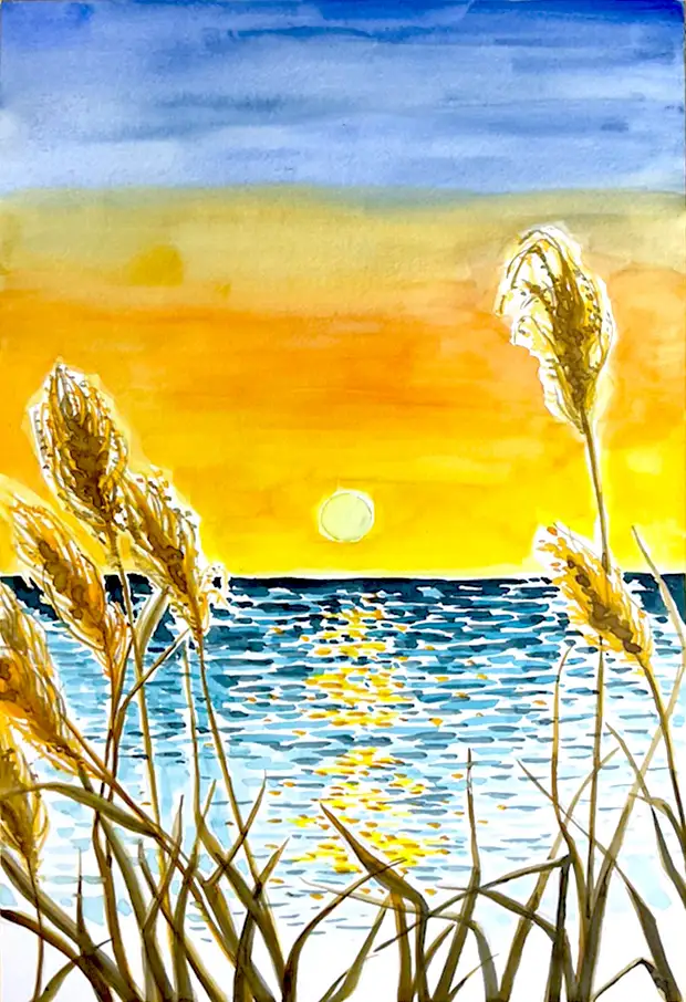 해돋이,드로잉로그,갈대,새해,문교고체물감,파브리아노믹스드미디어