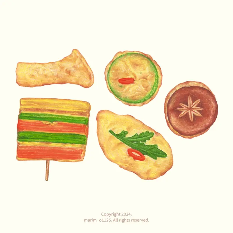 설날음식,음식일러스트,꼬치,전,명절음식,드로잉로그,프리즈마색연필,프리즈마,색연필,손그림