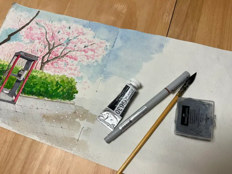 화방넷드로잉로그7기,벚꽃그리기,수채화,풍경화,어반스케치,드로잉로그챌린지,벚꽃그리기챌린지,과슈물감,윈저뉴톤,원저뉴톤라이너,화홍수채화붓