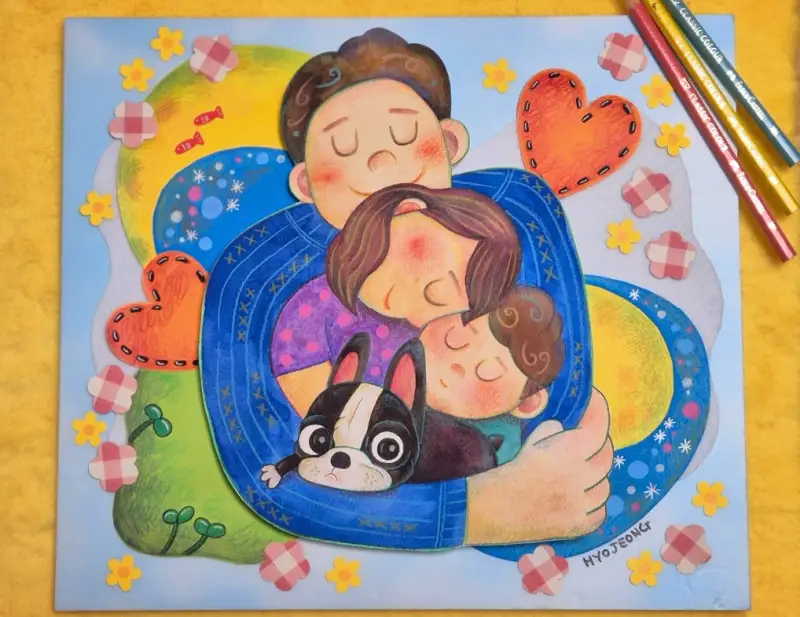 가족그림,가족일러스트,색연필화,수채화,파버카스텔