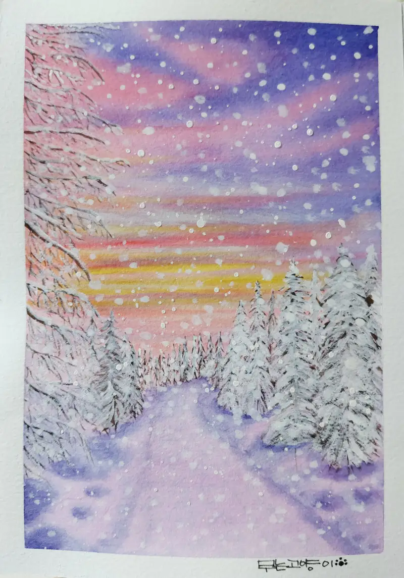 화방넷드로잉로그,드로잉로그13기,3주차,설경,눈풍경,눈오는날,포근함,수채화,과슈,엔드페이퍼,무는고양이