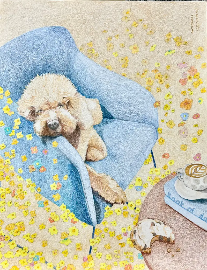 강아지,봄날,꽃,색연필