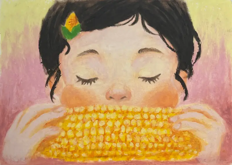 완성,문교오일파스텔,초당옥수수,옥수수먹는아이,옥수수냠냠